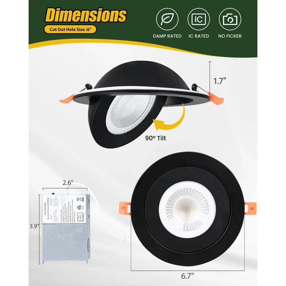 ZYC 6 Inch Gimbal LED Recessed Lighting 12W 5CCT Dimmable Black 6 Pack Canless